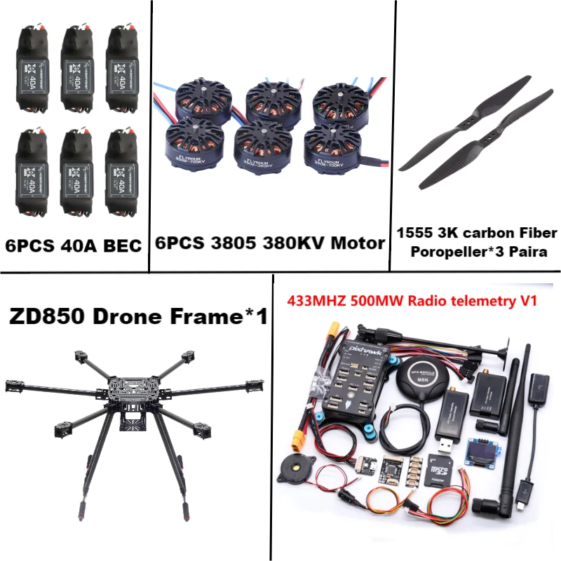 ZD850 Pixhawk 2.4.8 M8N Full Carbon Fiber 850mm Hexa-Rotor Frame BLHELI 40A ESC Flight Comtrol Rado Telemetry Set