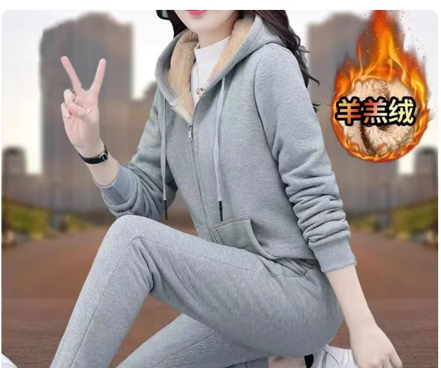 Zestaw jesienno-zimowy: płaszcz, gruby sweter z wełny jagnięcej, damski, termiczny, casualowy, z kapturem, luźny, duży rozmiar, sportowy płaszcz polarowy.