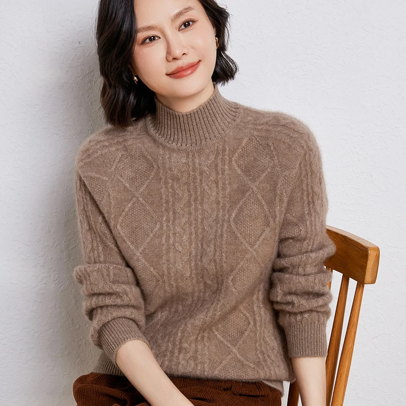 Damen-Pullover aus Wolle für den Herbst, langärmeliger, halbhoher Ausschnitt, Strickmuster-Pullover, lockeres und weiches, hochwertiges Oberteil