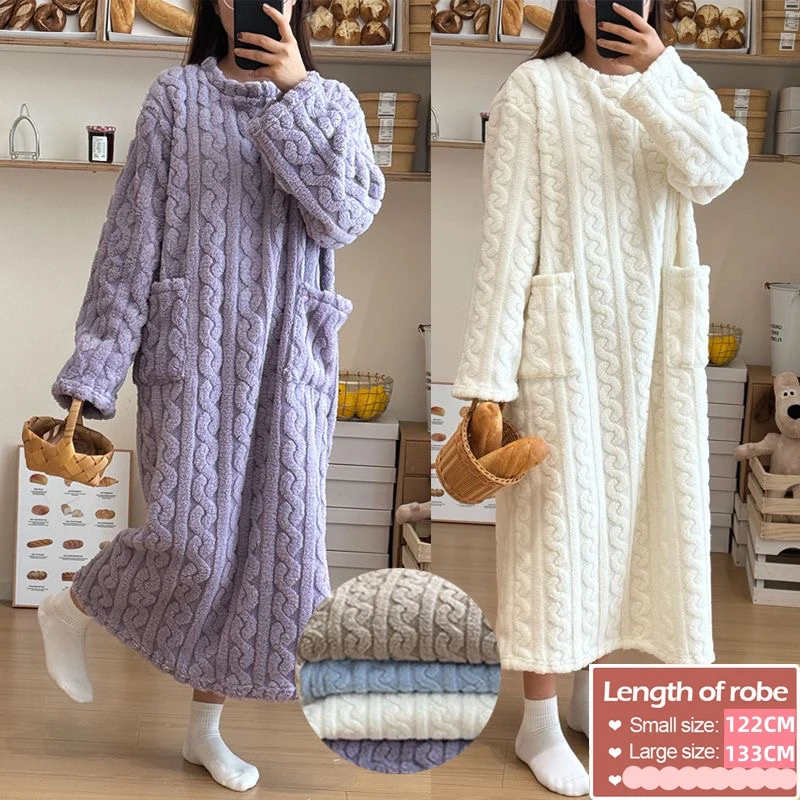 Sweet Matching Women's Dress Oversize Loose Flannel Pajamas O-Neck Long Sleeve Sleepwear Korean Casual Solid Homewear Chic Robe