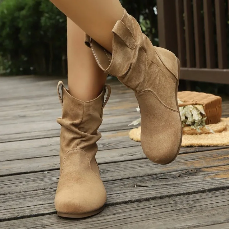 Retro Women Faux Suede Mid Calf Boots Flat Heel Slip on Shoes Autumn Winter Ladies Comfort Walking Slouch Boots