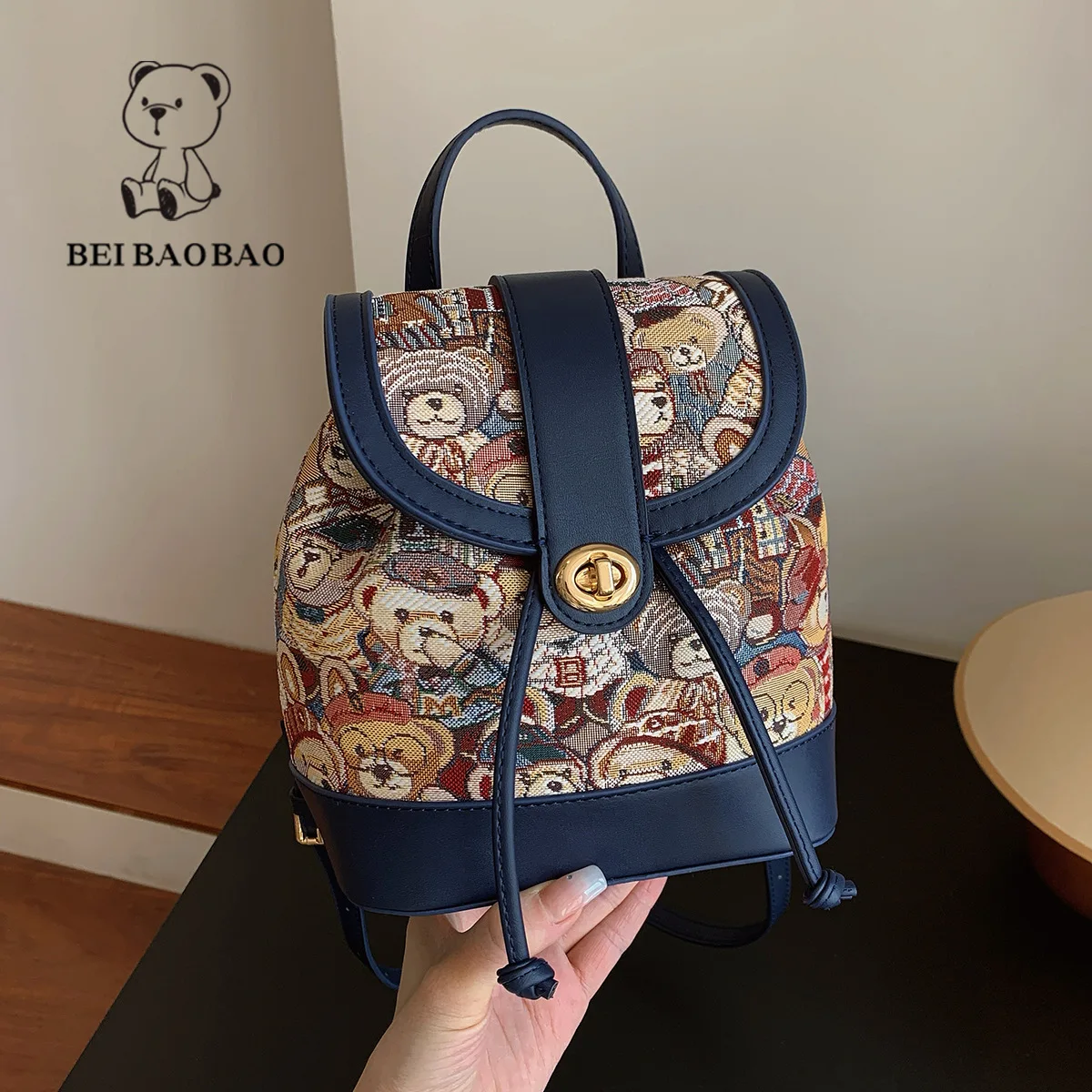 Beibaobao-mochila con estampado de dibujos animados para mujer, bolso de viaje de lona con contraste de gran capacidad, novedad de 2024