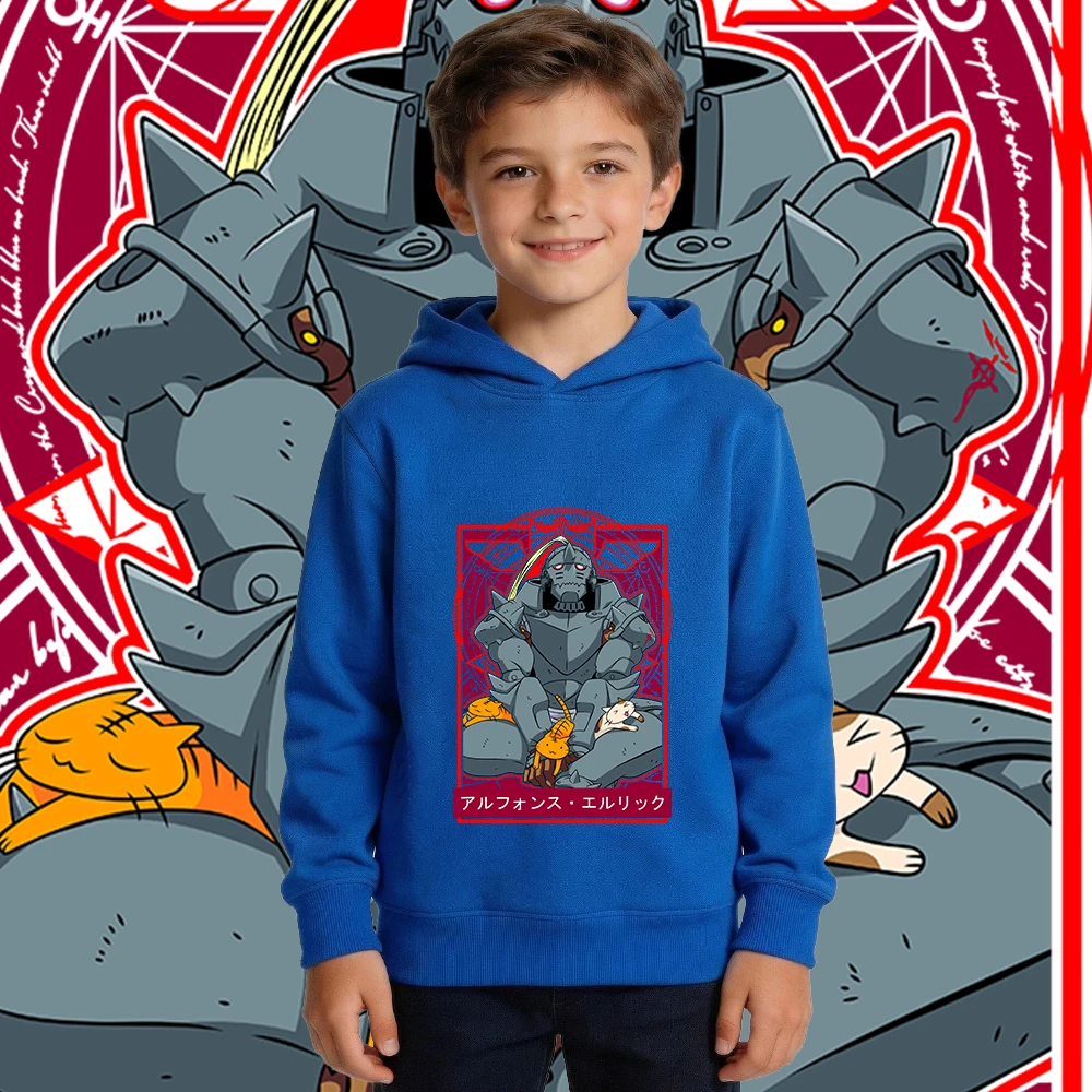 Full Metal Alchemist Alphonse Print Fleece Lined Hooded Sweatshirt for Children Fall Winter Warm Clothes for Boys and Girls