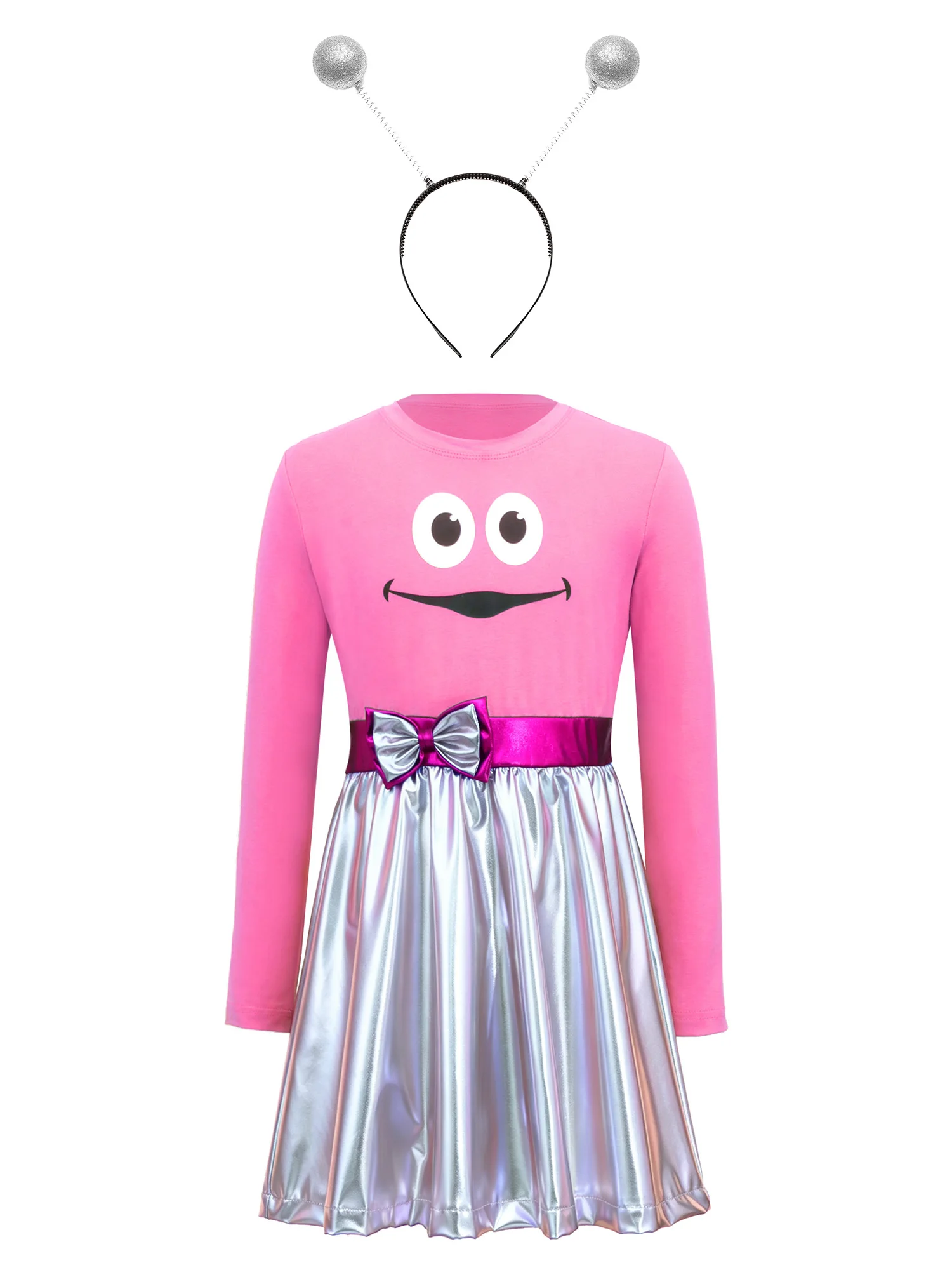

Kids Girls Cartoon Cosplay Outfit Childish Print Waist Bow Decor Metallic A-line Dress with Hair Hoop for Halloween Party