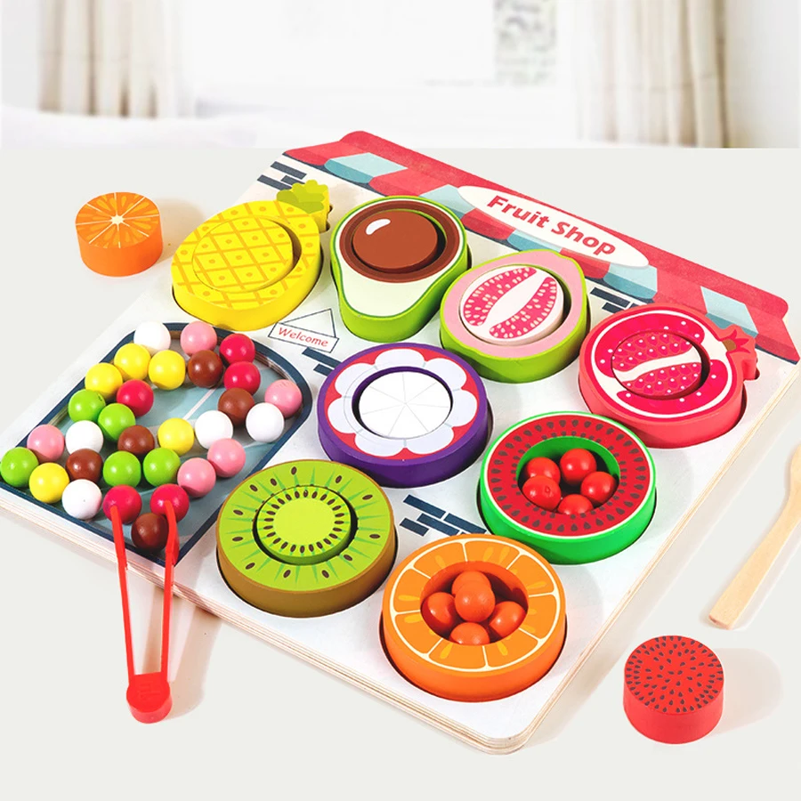 Holz Obst Tablett Farbe Form Klassifizierung Perlen Kinder Frühe Bildung Hand Auge Koordination Montessori Spielzeug