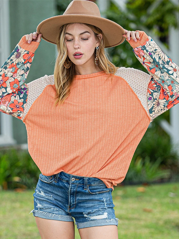 Gypsylady Boho Orange Floral Patchwork Blouse Spring Summer Long Puff Sleeve Knitted Casual Vintage Women Ladies Tops Blouses