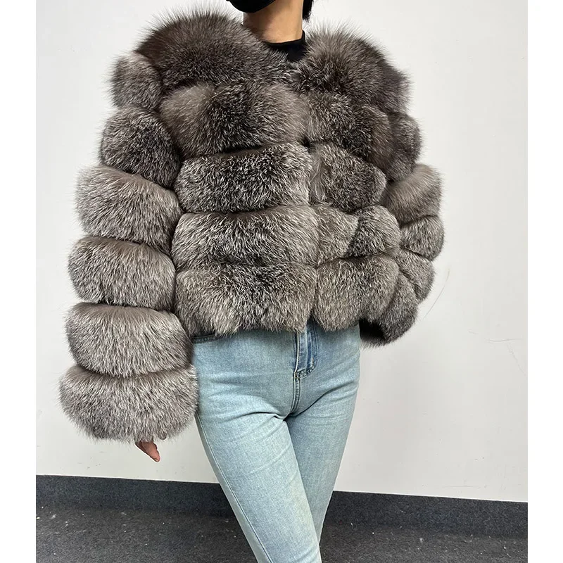 Veste torche en fourrure de renard véritable pour femme, manteau froid pour femme, vêtements d'hiver, fourrure naturelle, haut de luxe, argent, nouveau, 2024