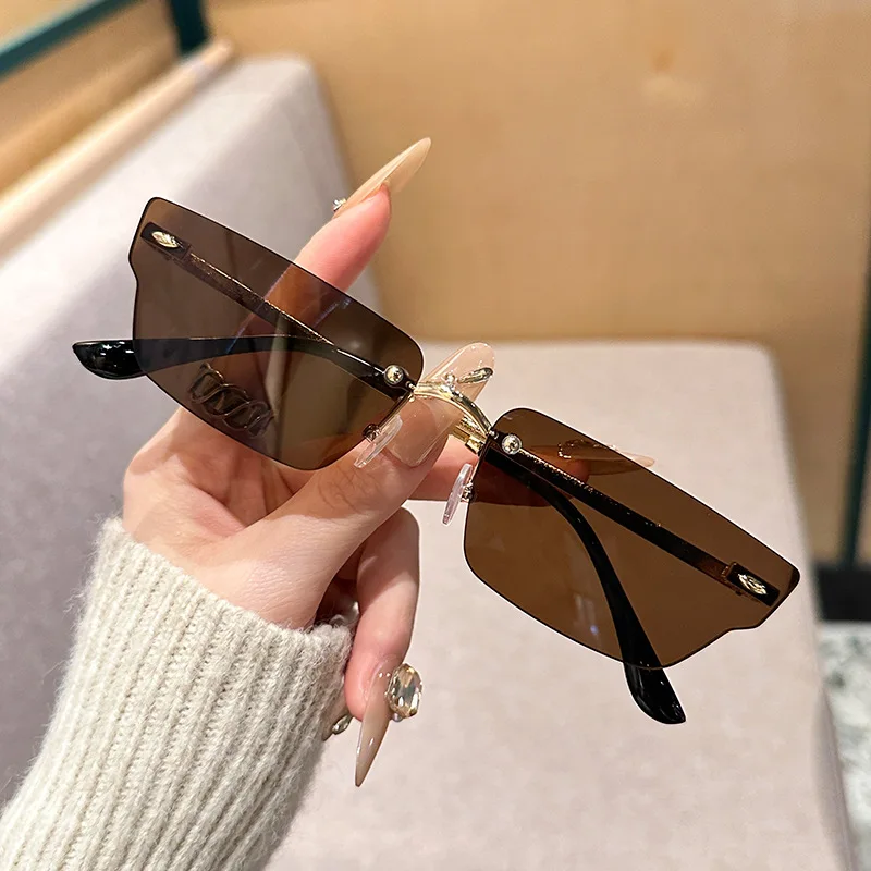 SO&EI Retro Irregular Small Rectangle Women Sunglasses Fashion Rimless Clear Ocean Gradient Lens Shades UV400 Men Sun Glasses