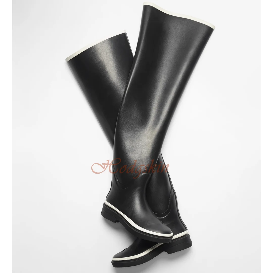 Genuine Leather Long Boots Round Toe Chunky Low Heels Slip On Women Boots New Style Over The Knee Autumn Winter Party Designer