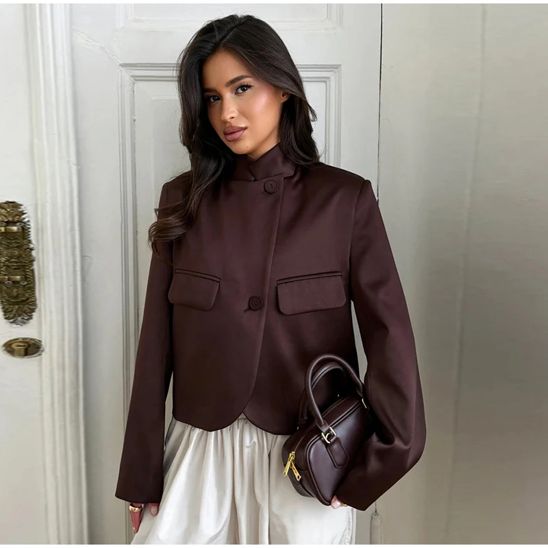 Damenmäntel Satin Stehkragen Seitliche Knopfleiste Kurze Anzugjacke Herbst Damen Langarm Knopfleiste Einfarbige Lockere Jacke Neue Oberbekleidung – Detail 1