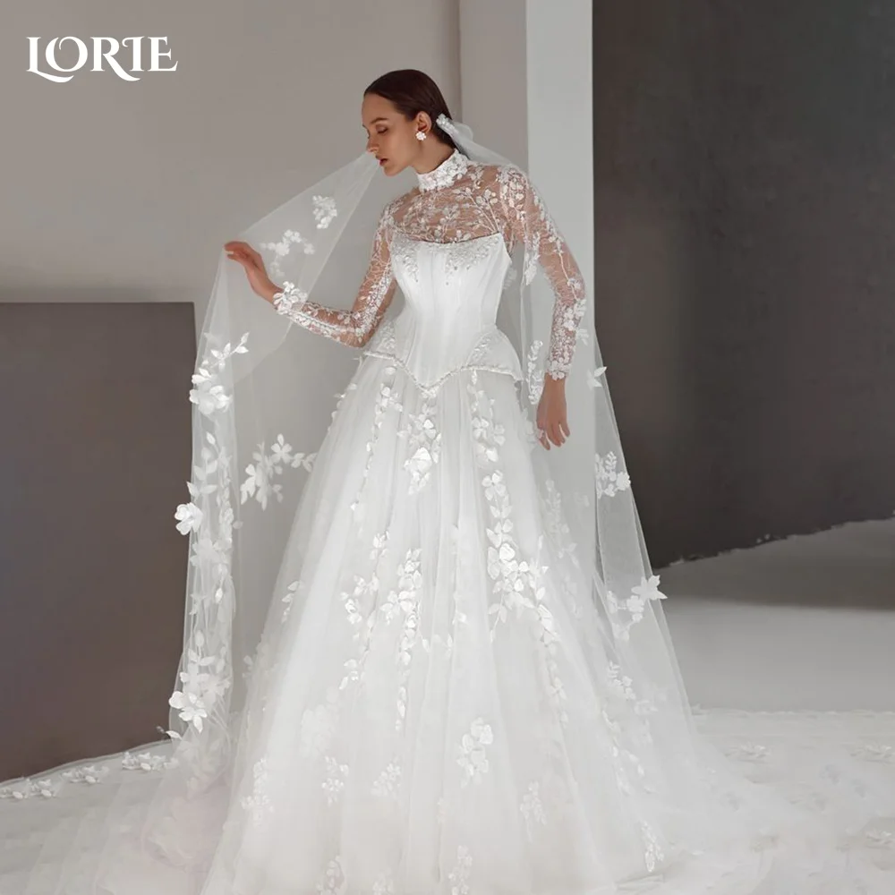 

LORIE Lace 3D Flowers Wedding Dresses High Collar Appliques A-Line Long Sleeve Bridal Gown Princess Bride Dress Customized Party