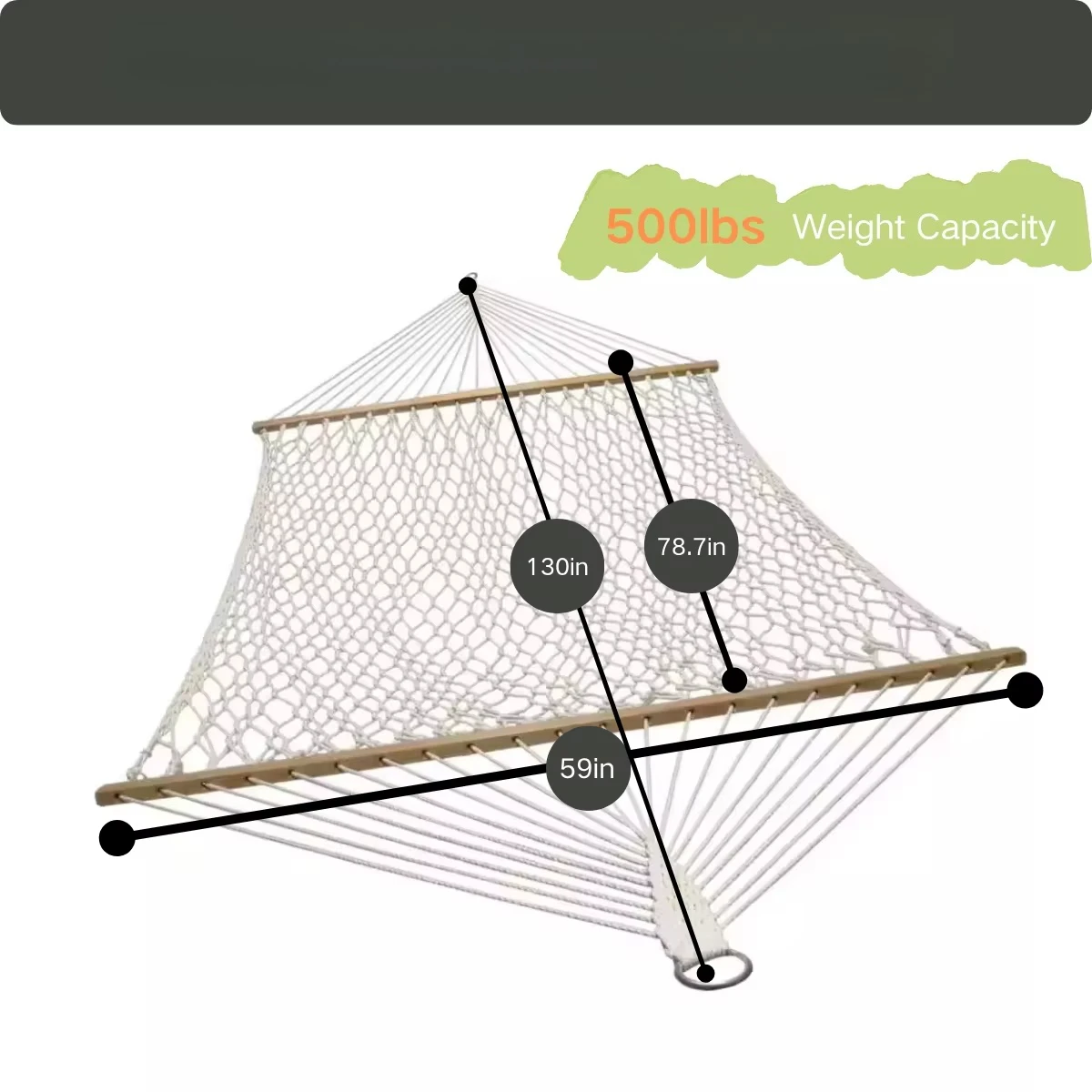 12 foot double cotton rope hammock with standing wood spreader for porch, backyard patio and pool