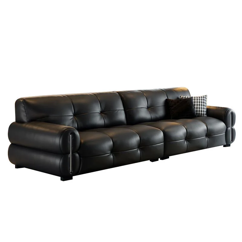Living room small apartment straight row three or four people black marshmallow leather sofa