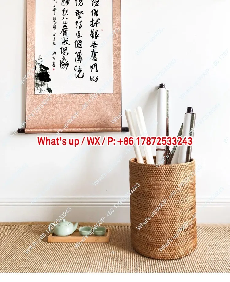 Handcrafted rattan paper basket, Chinese style study storage basket, and scroll storage basket
