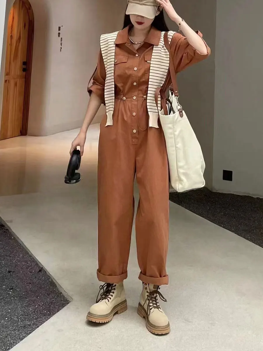 

Bella High Waist Cargo Pants Women's Loose Casual One-Piece Suiting Autumn Sle Elastic Waist Cotton Blend Commute Ready