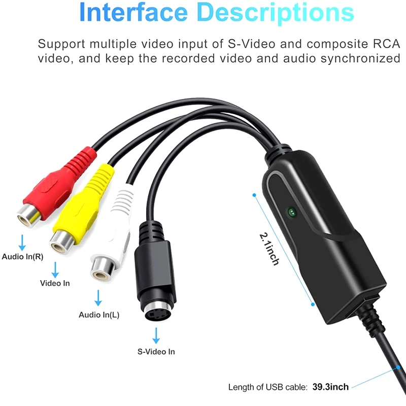 USB 2.0 오디오 비디오 캡처 카드 어댑터, VHS-DVD 비디오 캡처, 윈도우 10, 8, 7, XP용