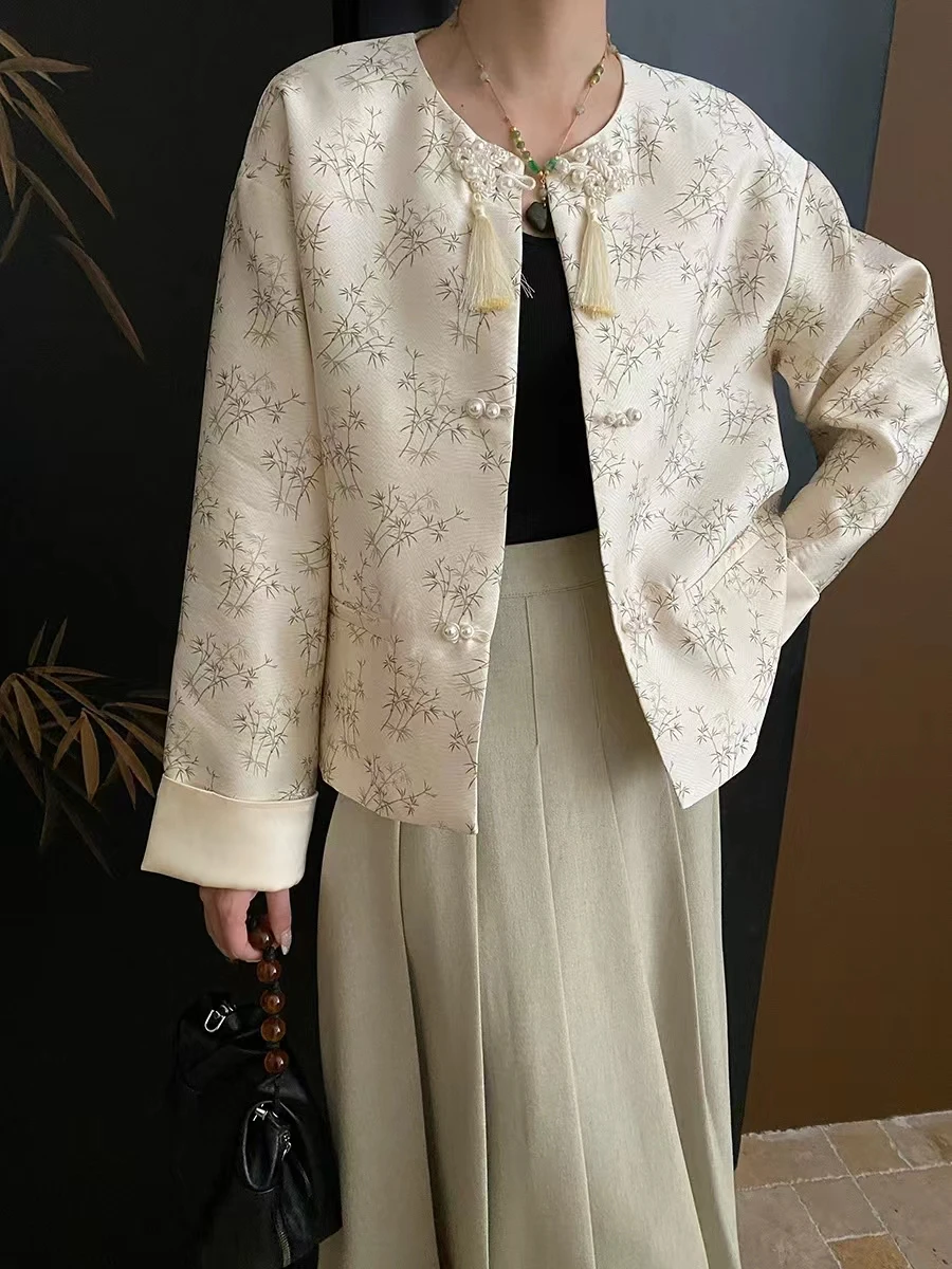 Haut à boutonnage simple à col rond pour femme, veste perlée de style chinois, fouet de luxe, croisière, printemps 2024, nouveau, 2024