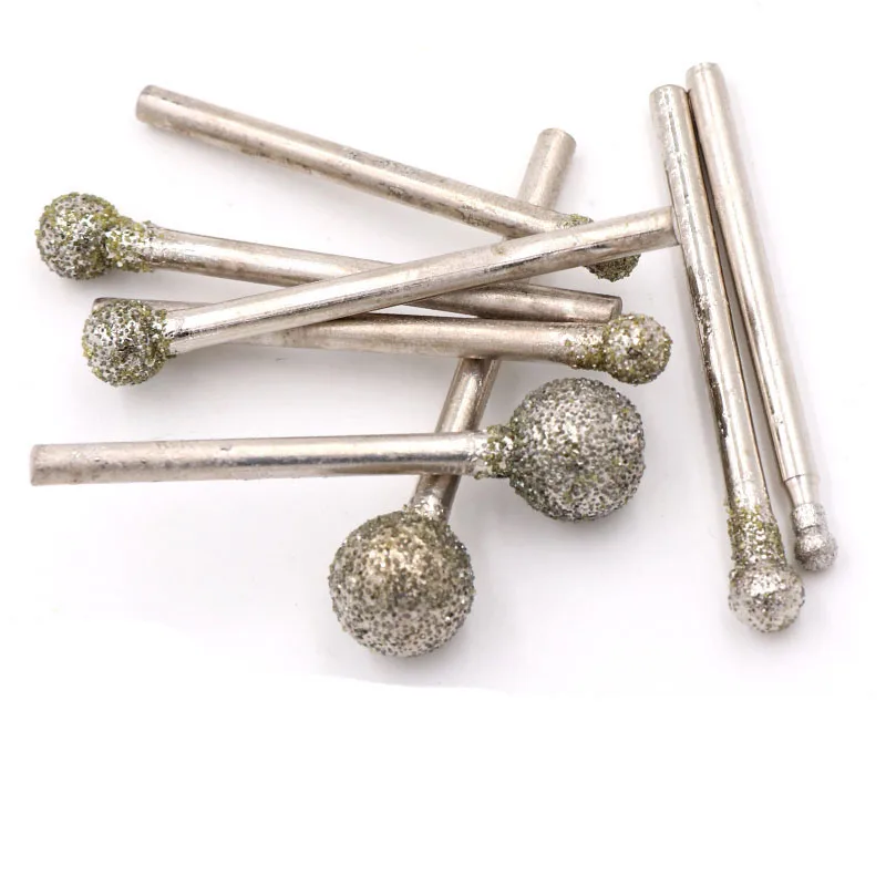 3-10mm Ball Round Diamond Burr Grinding Bit Spherical Head Drill Jade Carved Rotary Burr Tool 3mm Shank for Dremel 60 Grit