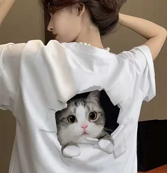 Women's White Casual Short Sleeved T-shirt with Cute Cat Pattern Printed Semi Transparent Round Neck Summer Top Women's T-shirt