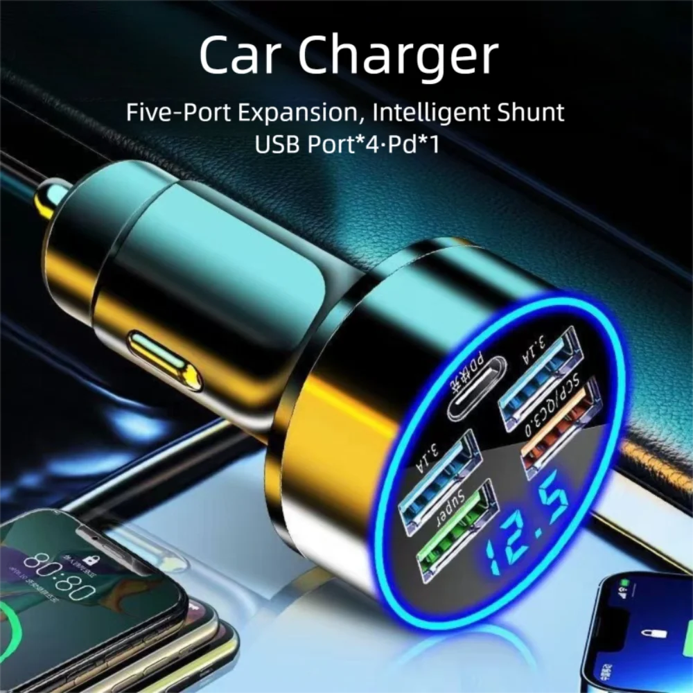 

New 3.1A USB Type-C Car Charger Super Fast Black Car Power Adapter Digital Display Multi-port Charging Cable for Outdoor Travel