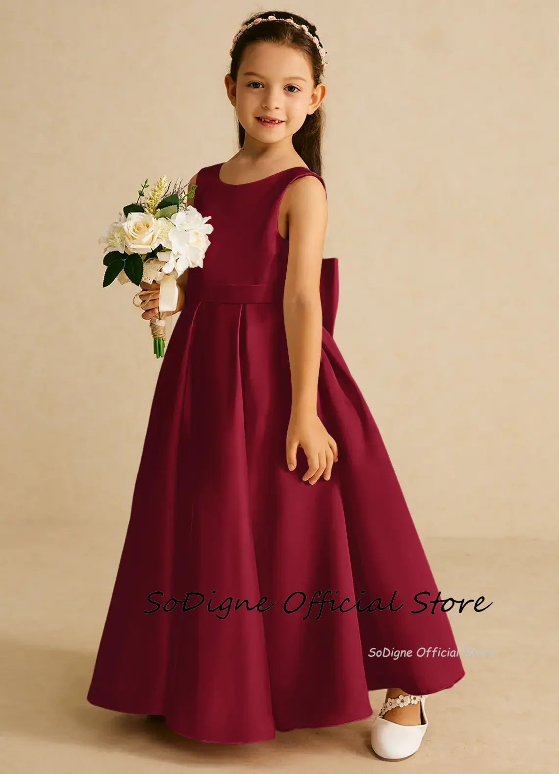 SoDigne A-line Simple Satin Flower Girl Dress O-neck Sleeveless Skirt Long Girls Party Dresses with Bow Customized Kid Gown