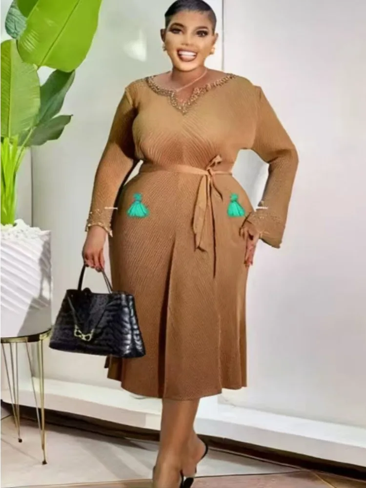 

Miyake Women's Clothing 2025 Autumn New Heavy Industry with Diamond Temperament Commuter Dress Strap Long Dress Children