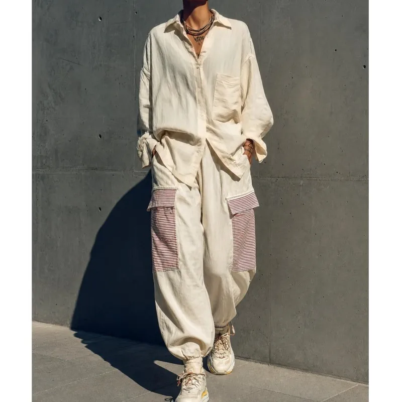 Women's Office Two-piece Set Fashion Lapel Single Breasted Cardigan Top+lantern Pants Suit Pocket Splicing Design Ladies Outfit