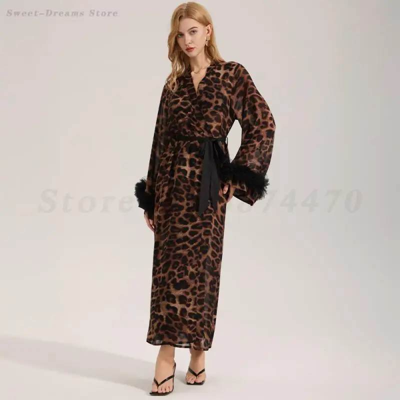 Oversize Leopard Print Robe Sleepwear Sexy Morning Gown Long Sleeves Kimono Bathrobe Female Home Dress Nightgown Loungewear