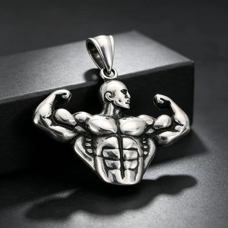 Kalen Vintage Stainless Steel Bodybuilder Muscle Pendant Necklace for Men Metal Gym Fitness Sports Jewelry Hip Hop Workout Gift