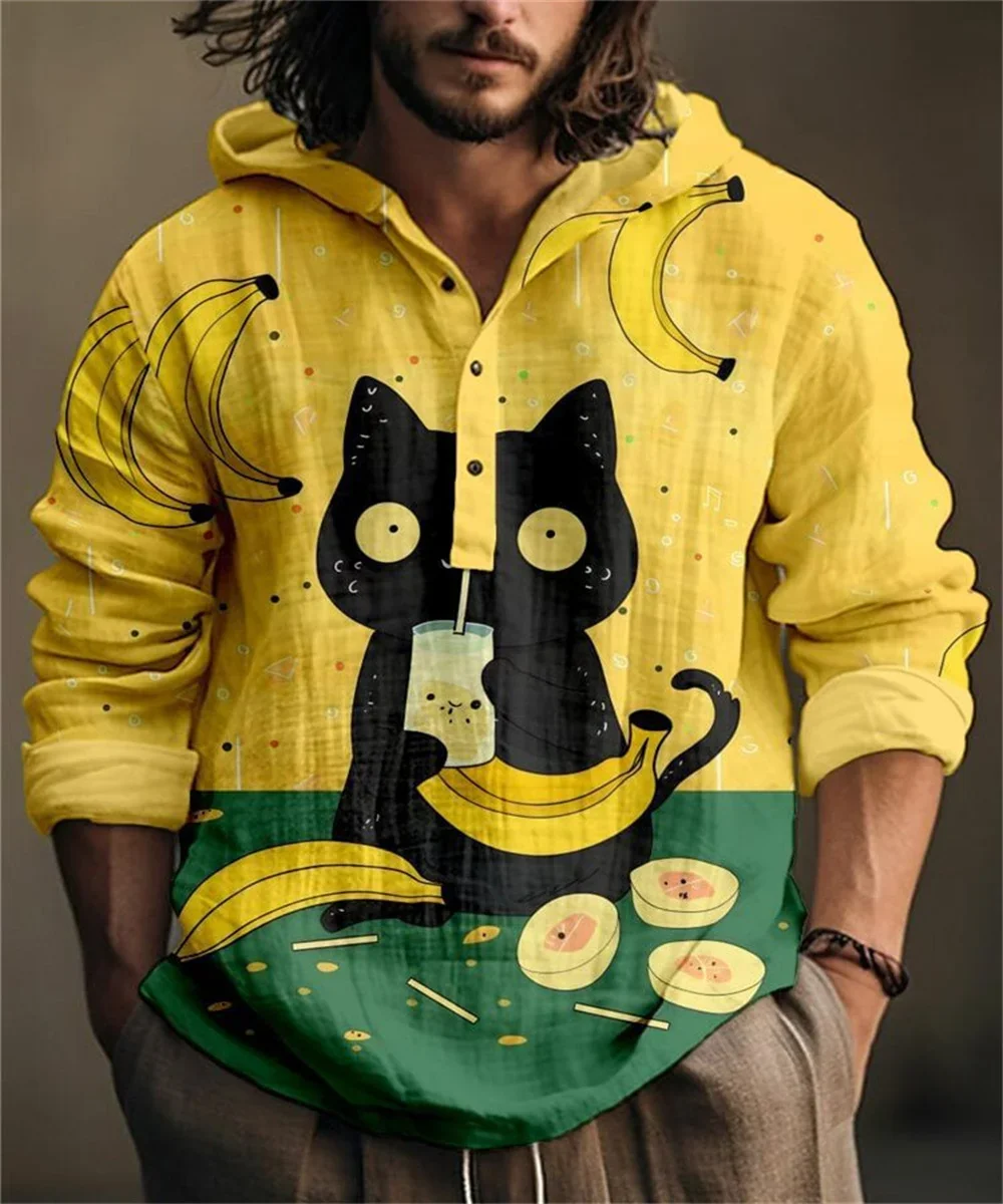 Halloween Hoodie Bamboo Linen Half Placket 3 Button Printed Hooded Shirt Casual Long Sleeve Shirt Men's Sweatshirt