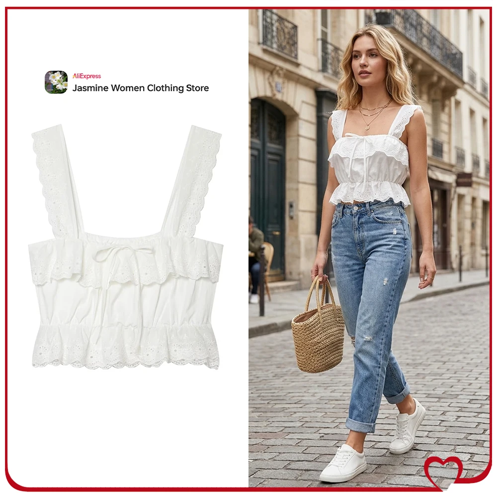 

New in Fashion Women Embroidered Eyelet Short Tops Elegant Straight Neckline Wide Strap Crop Tops with Tonal Embroidered Eyelets