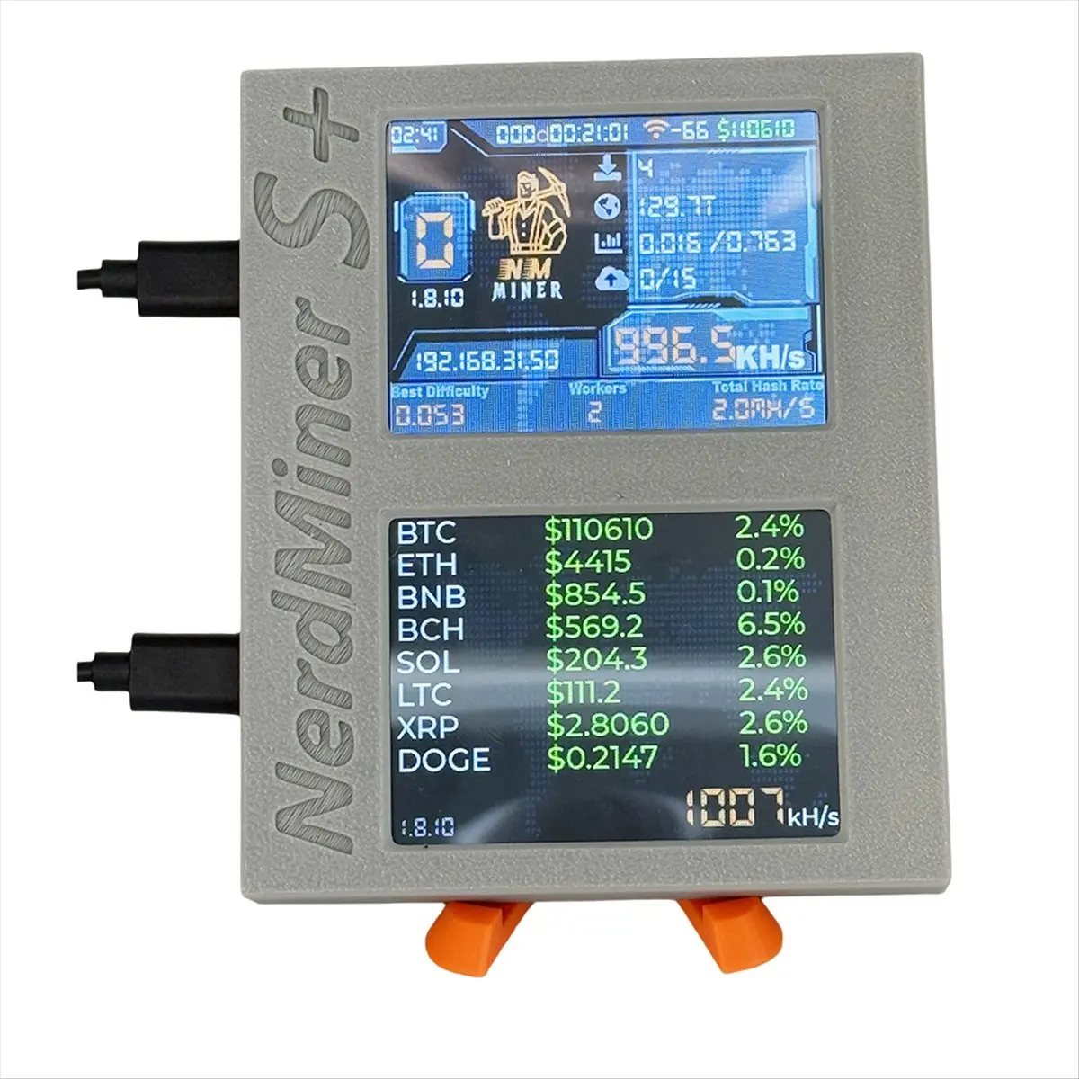 Nerdminer S + Solo Miner شاشات مزدوجة 2X1060KH/S تعدين/وقت/سعر العملة عرض BTC Crypto Miner + حامل ثلاثي الأبعاد