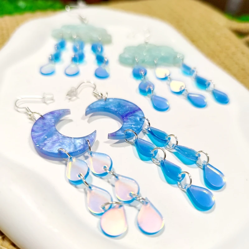KUGUYS Clouds Moon Raindrops Long Dangle Earrings for Women Acrylic Jewelry Holiday Accessories