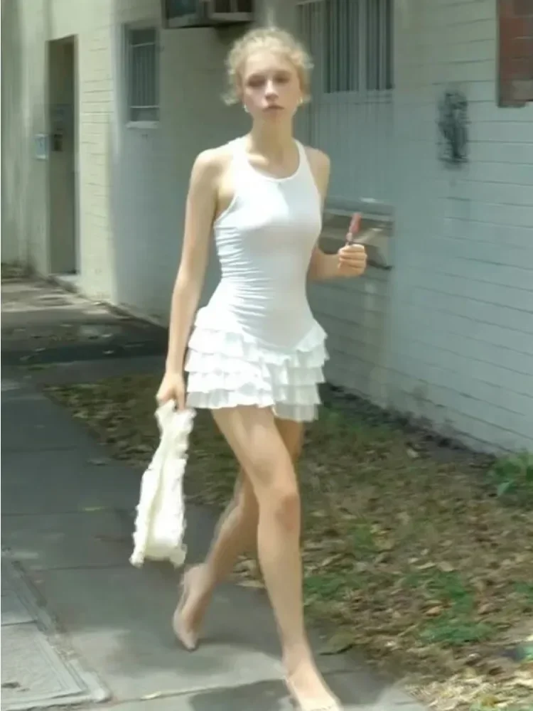 Mini robe d'été à volants pour femmes, Patchwork, Slim, t-shirt, nœud, couleur unie, sans manches, blanche, moulante, nouvelle collection