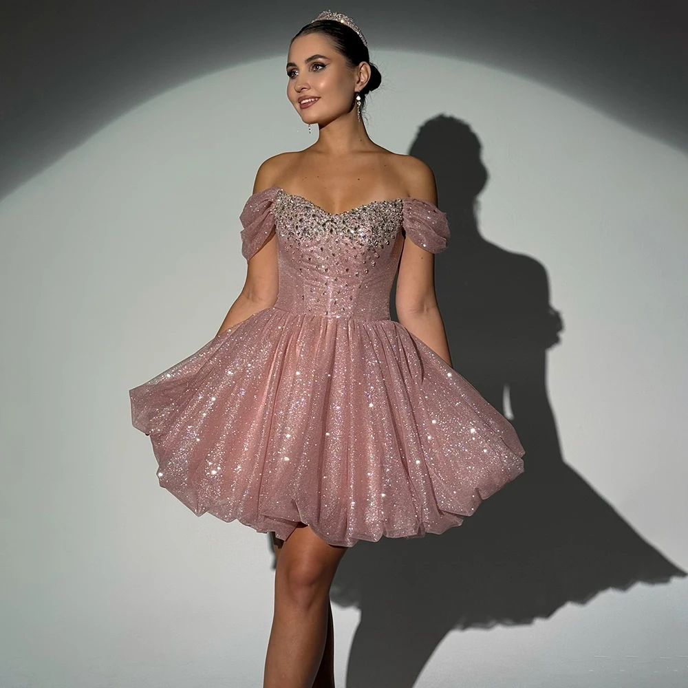 

Custom Made Off Shoulder Sequins Shiny Beading Prom Party Dress Backless A-line Puffy Cocktail Gown Short Mini Evening Dress