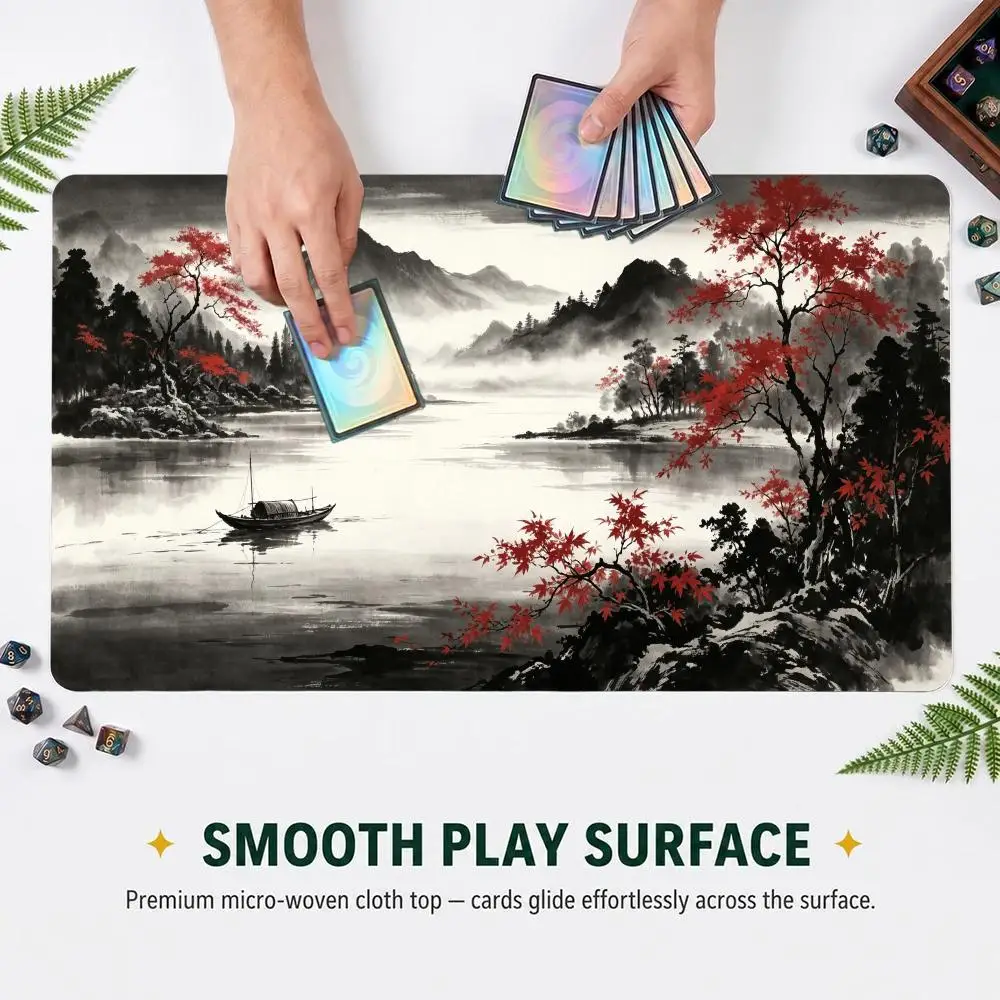 Oriental Ink Wash Mountain River Red Maple Playmat Rubber Non‑Slip TCG Card Game Mat Desk Mouse Pad