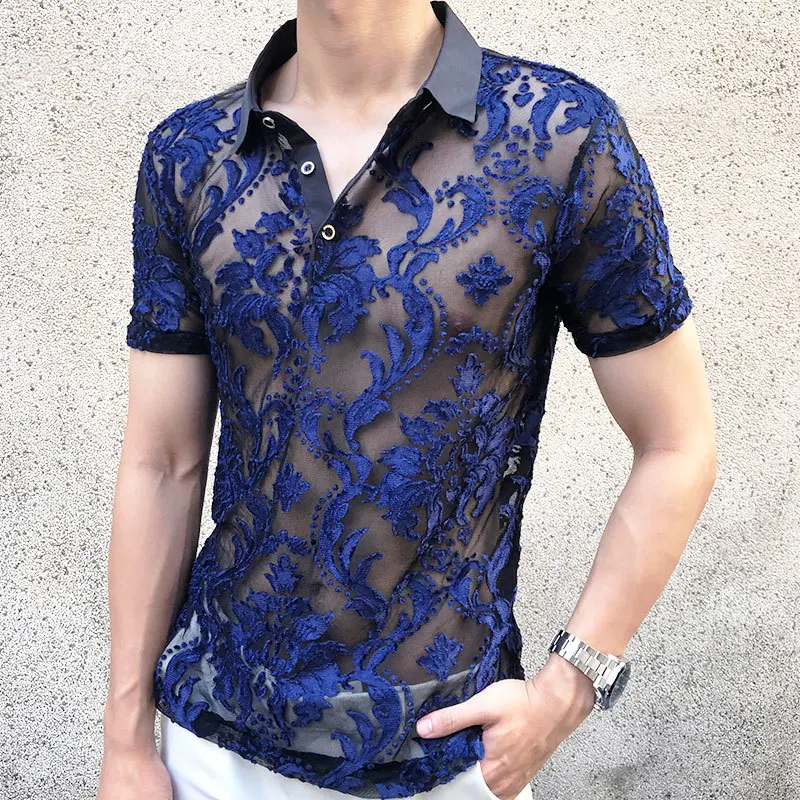 Masculine Soft Velvet Slim Men\'s Clothing Nightclub Short-sleeved Sexy Polo Transparent Blue Retro Court Floral Polo See Through