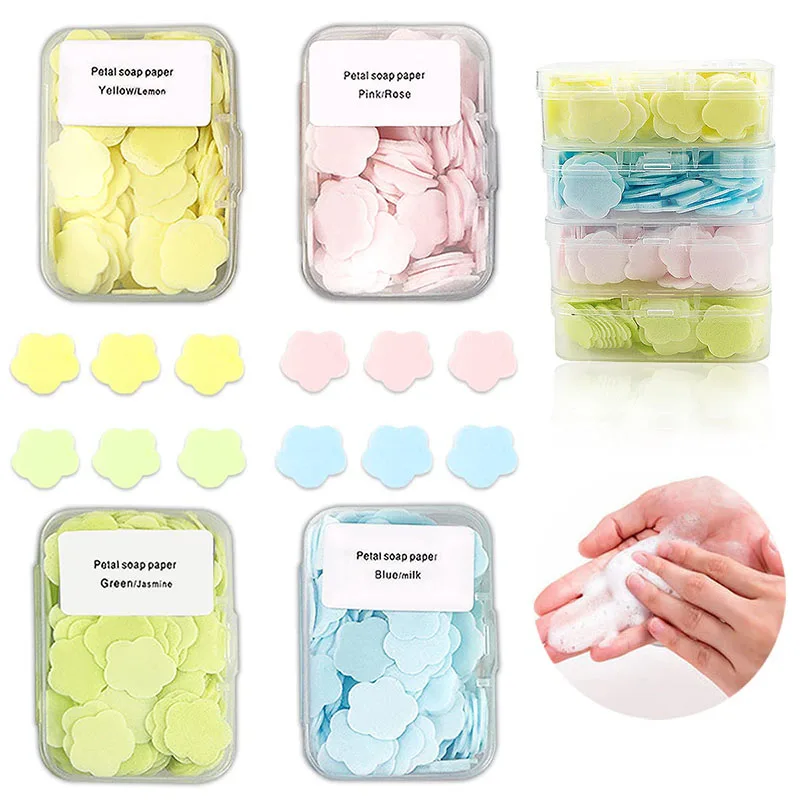 Portable Petal Soap, Disposable, Skin Friendly, Fresh Hand Washing, Paper Soap for Outdoor Travel Camping Hiking, 100Pcs per Box