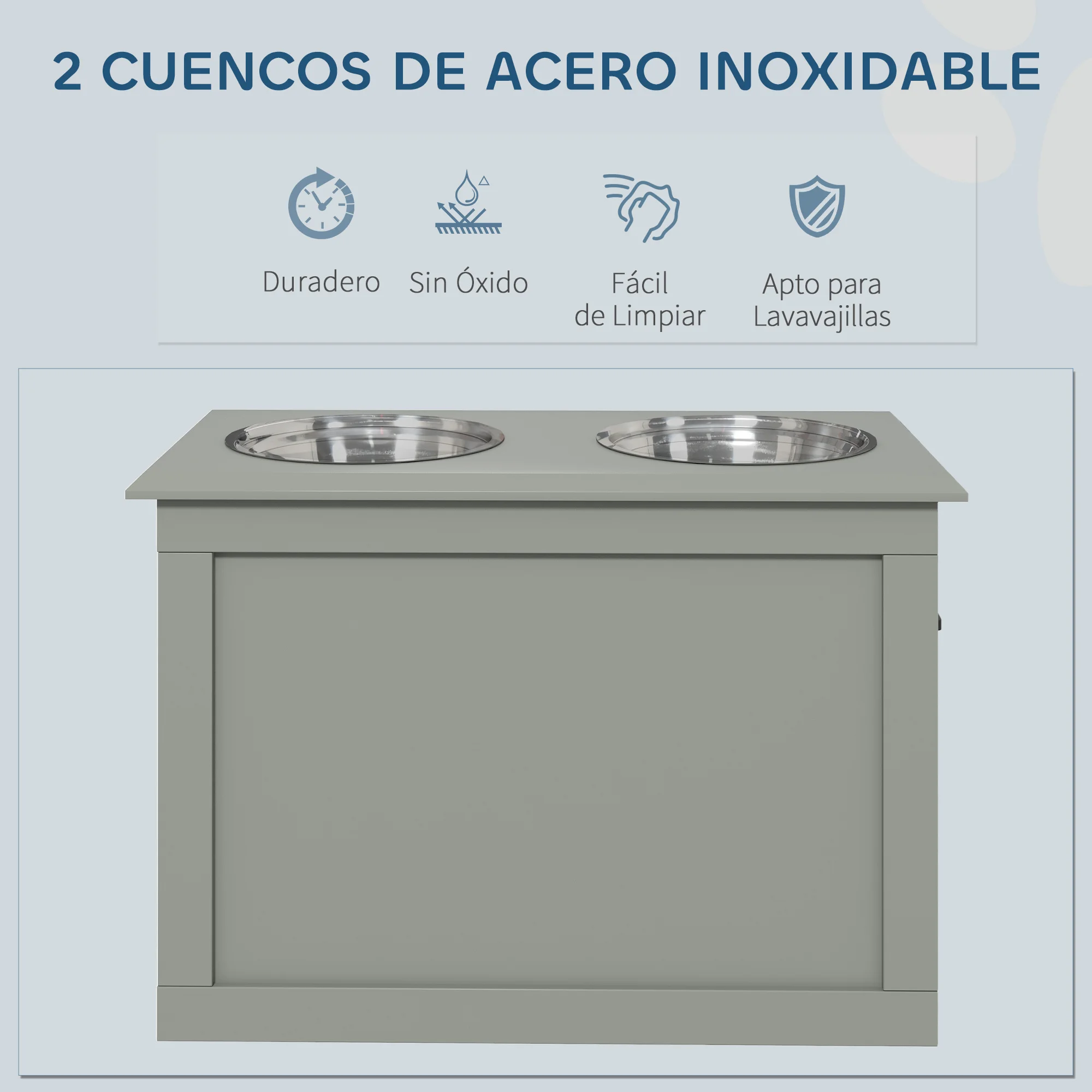 Afbeelding 6: Pawhut verhoogde hondenvoerbak met 2 roestvrijstalen kommen 2X2000 ml verhoogde voerbak voor grote honden met klapdeksel en verborgen opbergruimte grijs