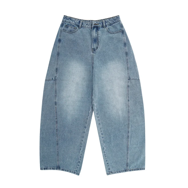 

2025Spring Summer New American Style Light Blue Jeans Unisex Couple Loose Straight Patchwork Personality Scimitar Pants