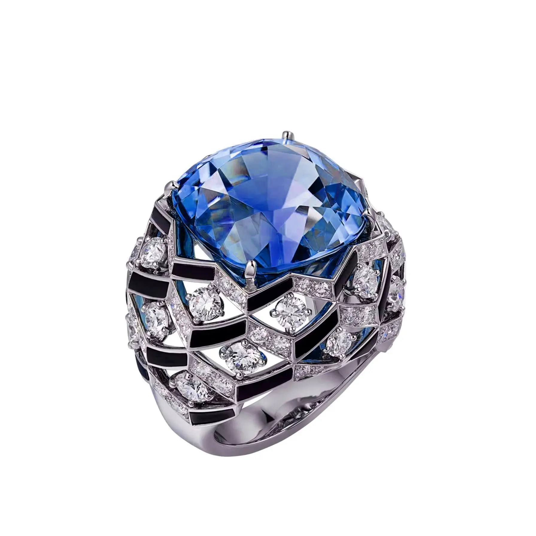 Art Deco 925 Sterling Silver Statement Ring Cushion Sapphire Vintage Fine Jewelry for Women's Engagement Cocktail Party Gifts