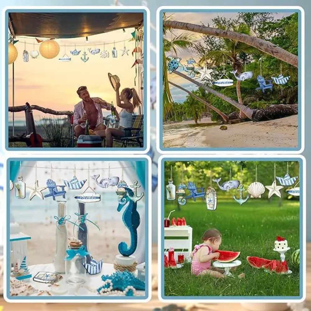 

24pcs Wooden Sea Animals Hanging Pendant Cartoon Starfish Turtle Ocean Themed Signs Ornament Seahorse boats