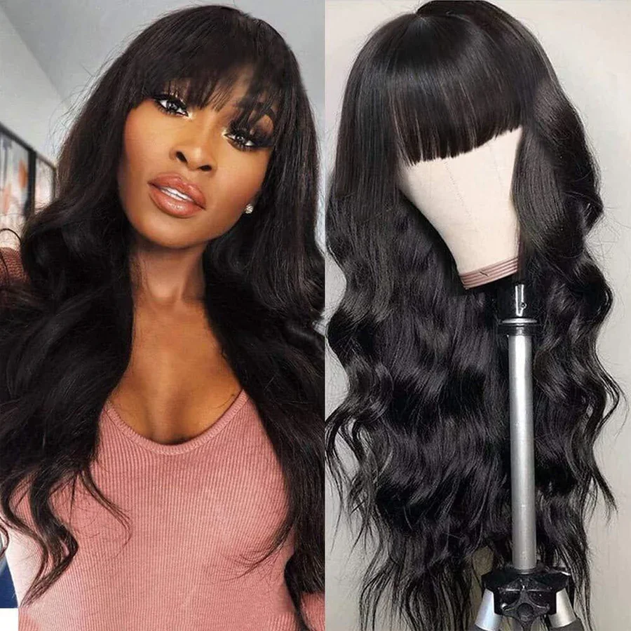 12A Body Wave Human Hair Wigs With Bangs Full Machine Made 100% Human Hair Wigs Glueless Wig Cheap Hair Wigs On Sale Clearance