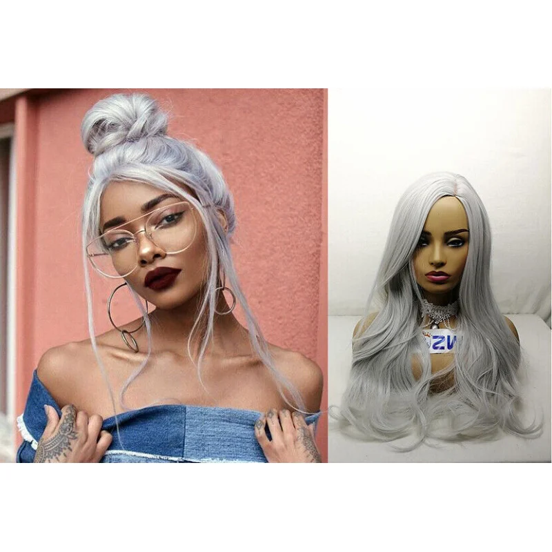 Silver Grey Wig Long Natural Wave Hair Anime Cosplay HalloweenFull Wigs New US view 3