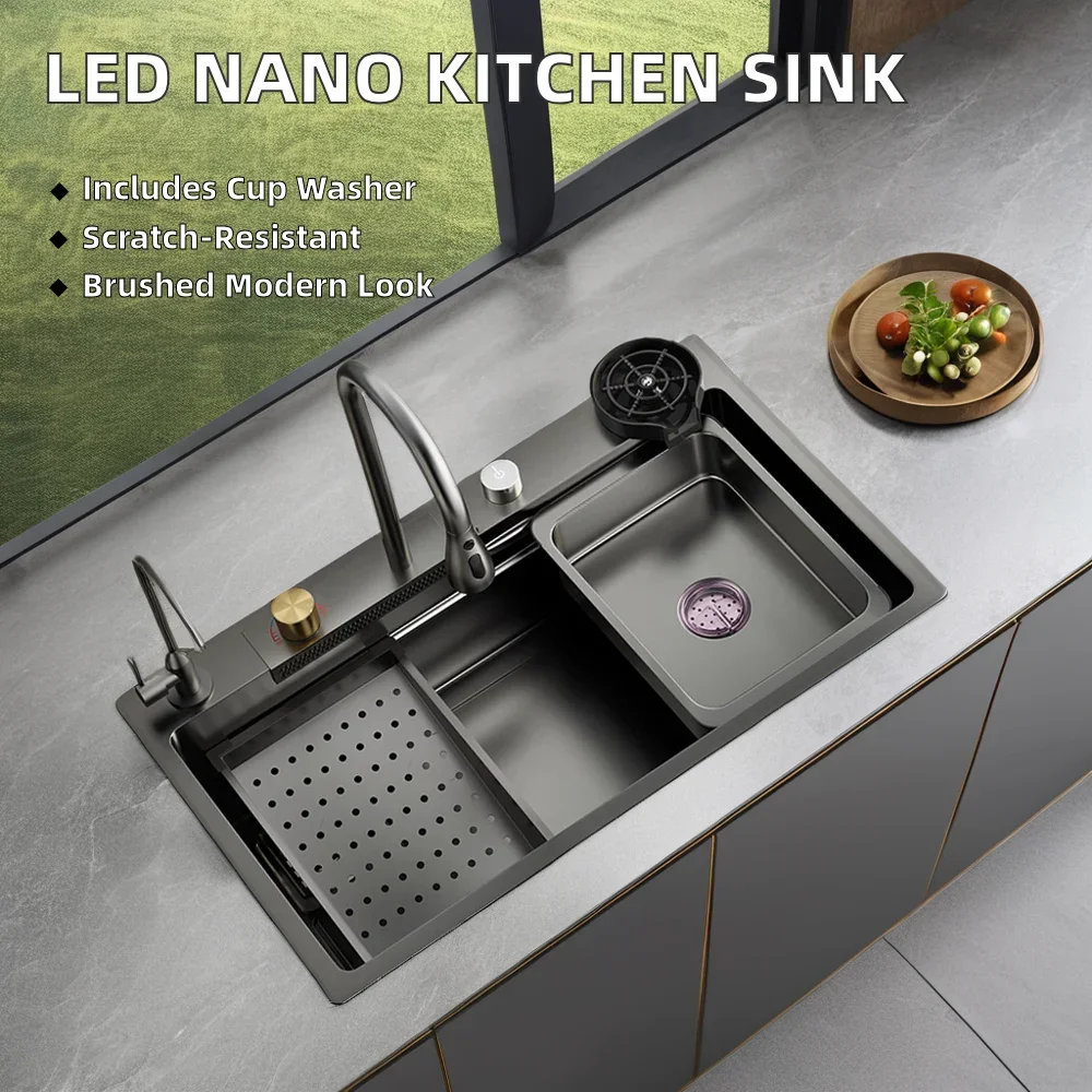 Multifunctional Anti-Scratch LED Digital Display Kitchen Sink Black Nano Workstation With Double Bowl Cup Washer