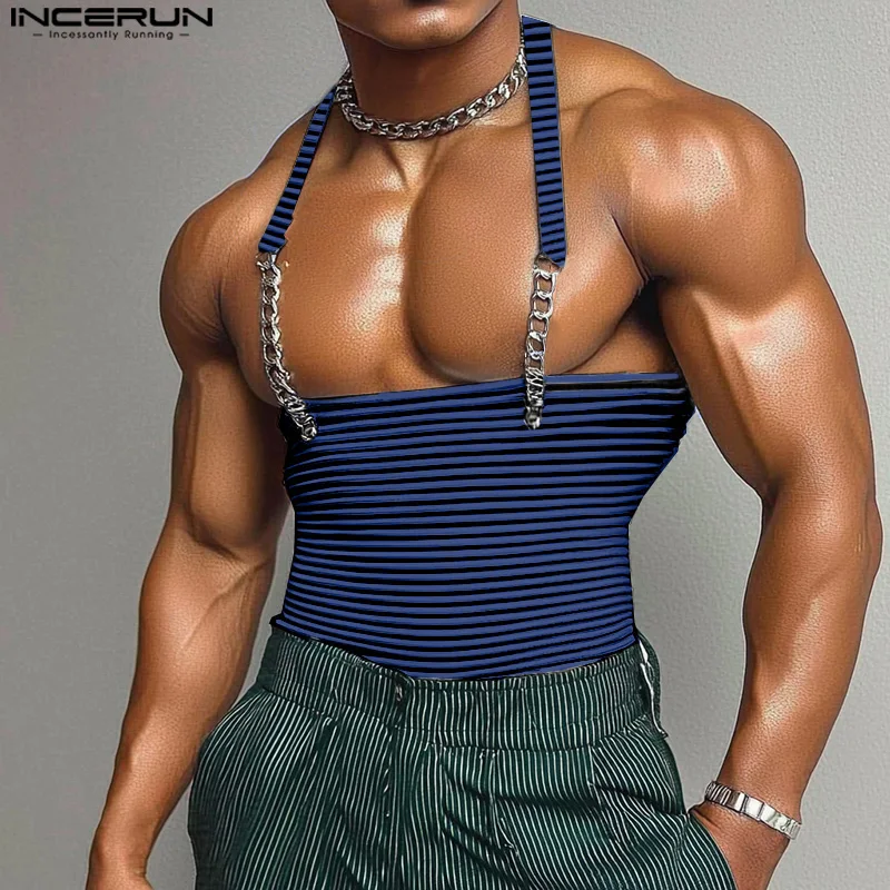 INCERUN Tops 2025 American Style Fashion New Men Striped Metal Strip Hanging Neck Vests Summer Sexy Casual Personality Tank Tops