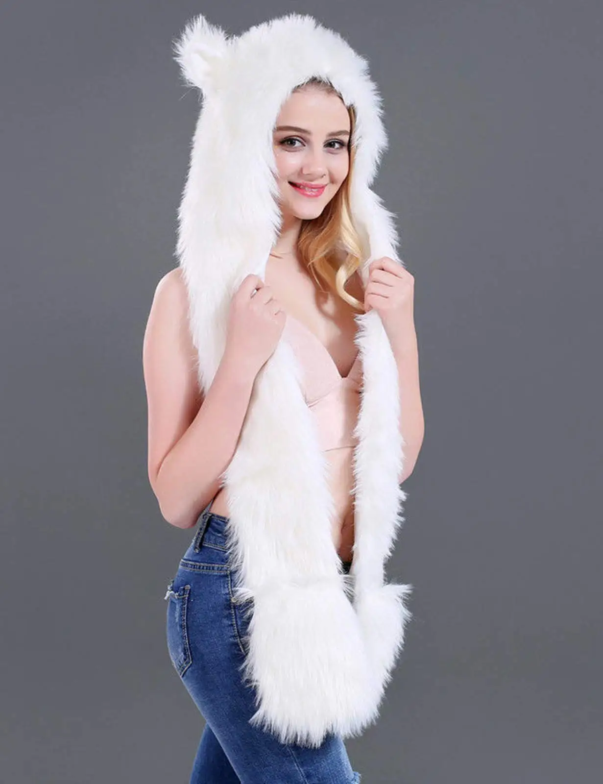 Polar Bear, Halloween Faux Fur Animal Hat Ear Gloves 3 in1 Fleece Hooded Plush Warm Earmuff Animal Cap with Scarf Gloves