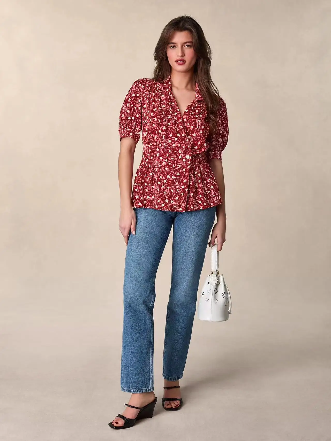 

Summer Short Sleeve Shirt Women's Print Bubble Sleeve Turn-down Collar Wrap Style Heart Patterned Casual Business Office Wear