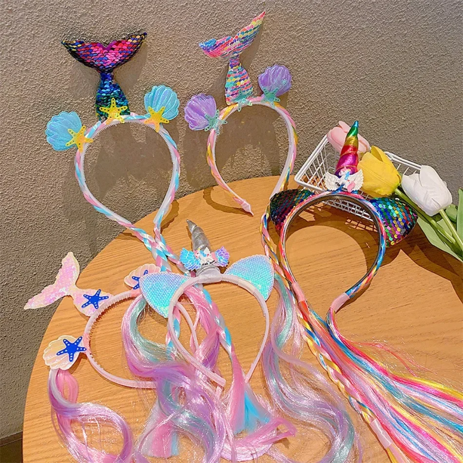 Children Mermaid Hairband Baby Rainbow Unicorn Wig Braid Headband Girl Cartoon Baby Margarine Hairband Girl Birthday Gift view 2