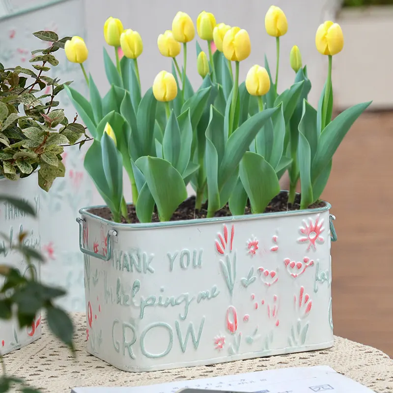 Iron Wrought Tulip Hyacinth Flower Pot Garden Miscellaneous Storage Box Dried Fresh Flower Bucket